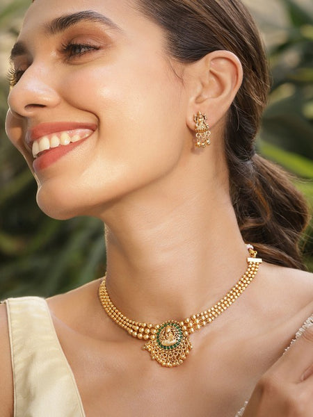 22KT Gold Plated Brass Green Stone Studded Lakshmi Motif Temple Necklace Set VitansEthnics