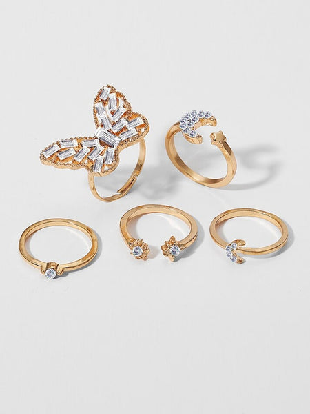 Set Of 5 Gold-Plated White Stone-Studded Butterfly Finger Ring VitansEthnics