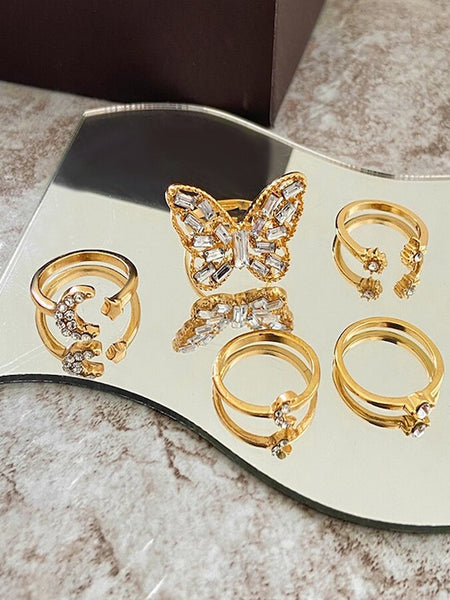Set Of 5 Gold-Plated White Stone-Studded Butterfly Finger Ring VitansEthnics
