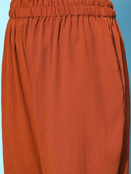 Women Rust Orange Solid Textured Gathered Kurta with Trousers VitansEthnics