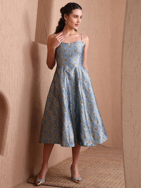 10Ethnic Motifs Jacquard Backless Fit & Flare Midi Dress For Women, Sleeveless Indian Dress, Indo Western Outfit, Fusion Wedding Guest Outfit VitansEthnics