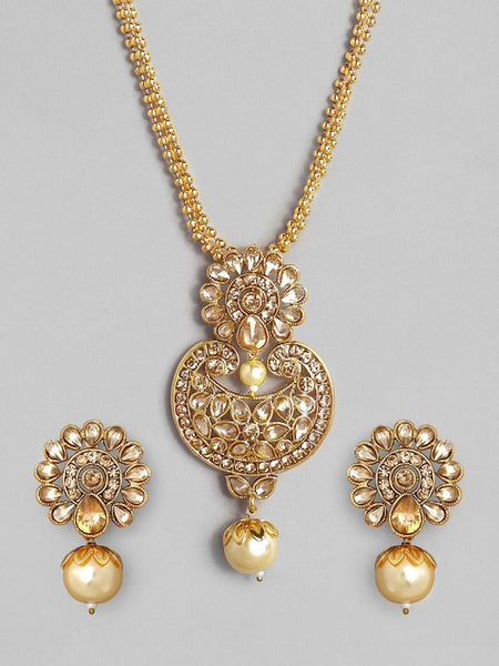 22K Gold-Plated Beige Kundan-Studded Beaded Handcrafted Jewelry Set VitansEthnics