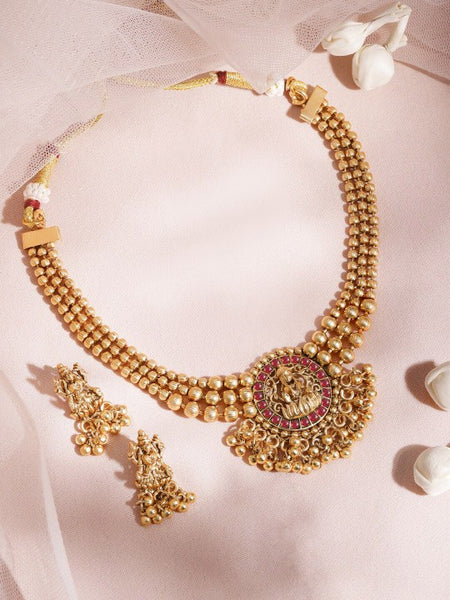 22KT Gold Plated Brass Green Stone Studded Lakshmi Motif Temple Necklace Set VitansEthnics