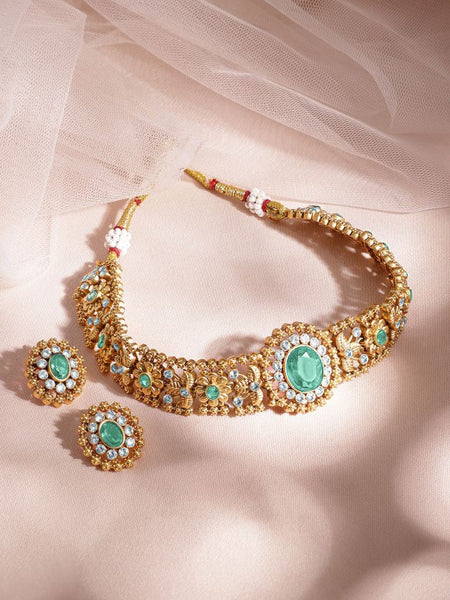 24K Gold Plated Handcrafted Mint Green Intricate Choker Jewellery Set For Women VitansEthnics