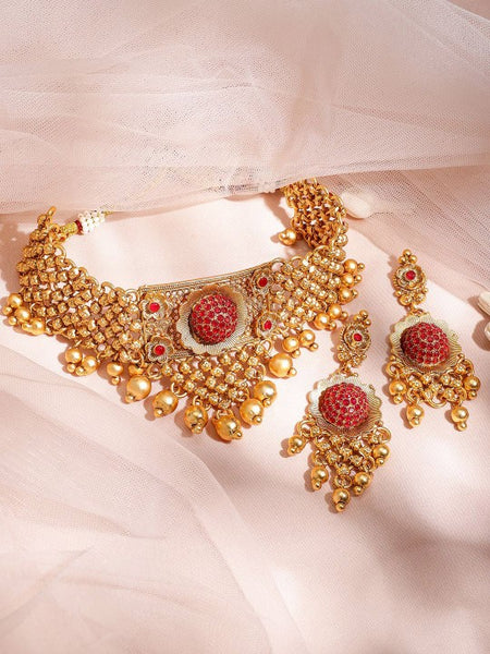 22K Gold Plated Pink Stone Studded & Gold Beaded Choker Necklace Set VitansEthnics