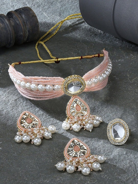 Gold-Plated Kundan-Studded & Multistrand Beaded Jewelry Set VitansEthnics