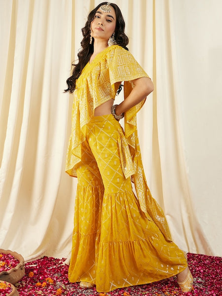 Printed Crop Top with Sharara & Attached Dupatta For Women | Ready to wear Sharara Pant Saree VitansEthnics