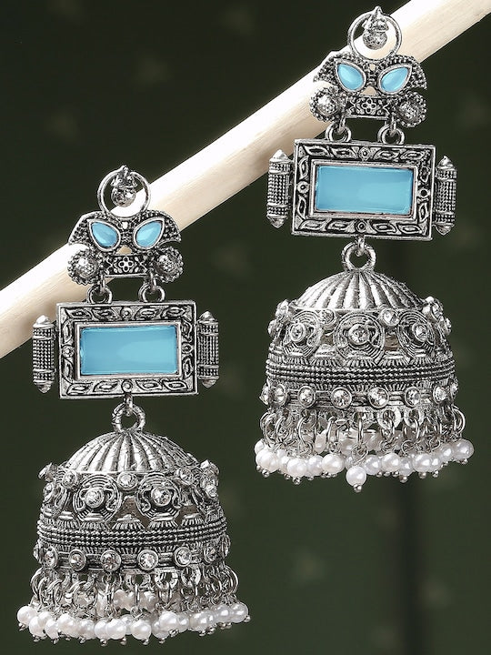 Beaded Dome-Shaped Oxidised Jhumka Drop Earrings VitansEthnics