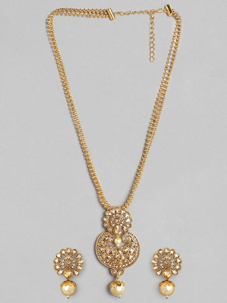 22K Gold-Plated Beige Kundan-Studded Beaded Handcrafted Jewelry Set VitansEthnics