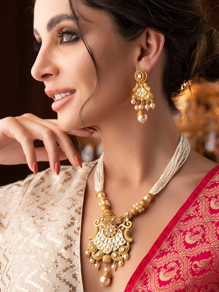 Gold-Plated White Stone Studded Jewelry Set VitansEthnics