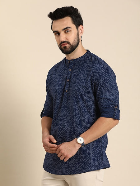 Men Geometric Printed Cotton Indigo Kurta VitansEthnics