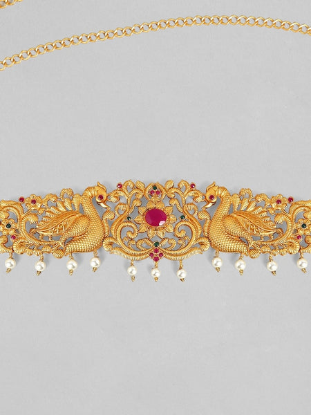 24K Gold-Plated Red Cubic Zirconia Studded Handcrafted Traditional Kamarbandh | Waist Belt For Women vitansethnics