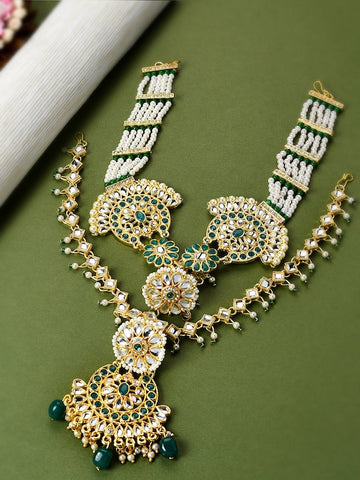 Green & White Gold-Plated Kundan Beaded Layered Bridal Matha Patti VitansEthnics