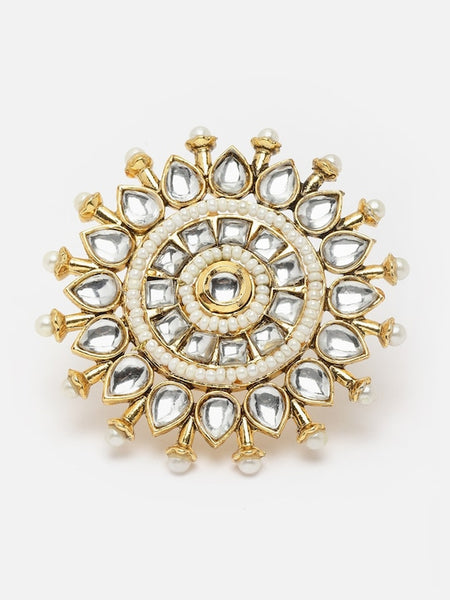 Gold-Plated Kundan-Solitaire Studded Pearl Beaded Finger Ring VitansEthnics