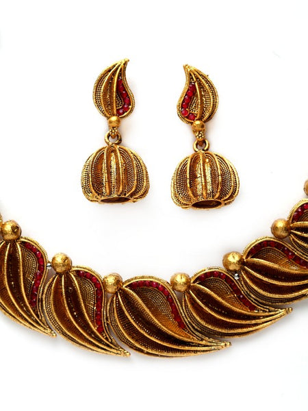 Gold-Plated Red Handcrafted Stone-Studded Sustainable Jewelry Set VitansEthnics