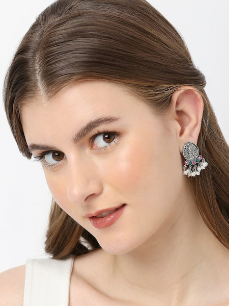 Silver-Toned Floral Set Of 3 Jhumka Earrings VitansEthnics