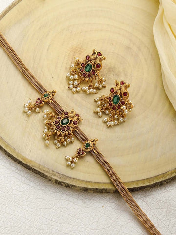 Gold-Plated & Green Ruby-Studded Jewellery Set VitansEthnics