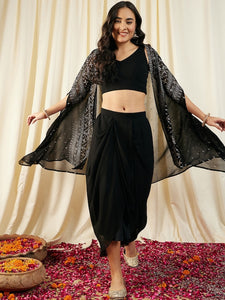 Women Crop Top With Draped Skirt And Shrug set VitansEthnics