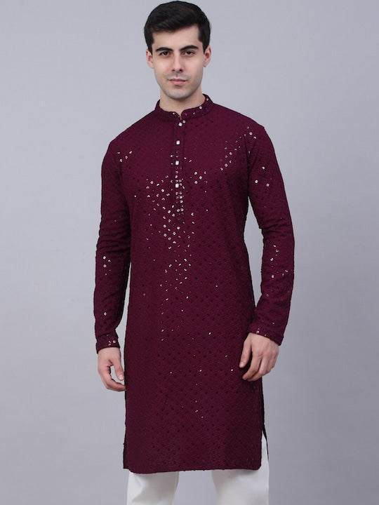 Men Wine Geometric Sequin Embroidered Kurta VitansEthnics