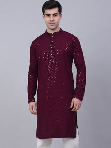 Men Wine Geometric Sequin Embroidered Kurta VitansEthnics