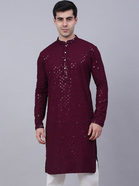 Men Wine Geometric Sequin Embroidered Kurta VitansEthnics