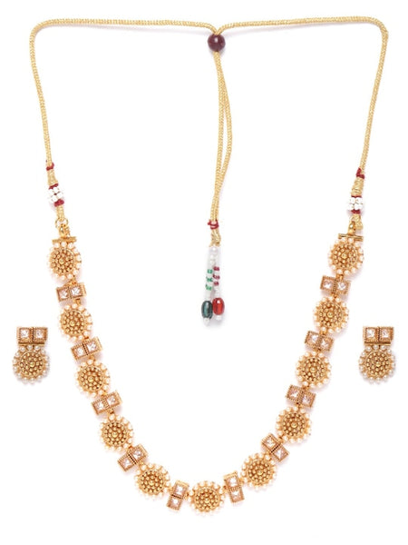 Cream-Coloured Gold-Plated Stone-Studded & Beaded Handcrafted Jewellery Set VitansEthnics