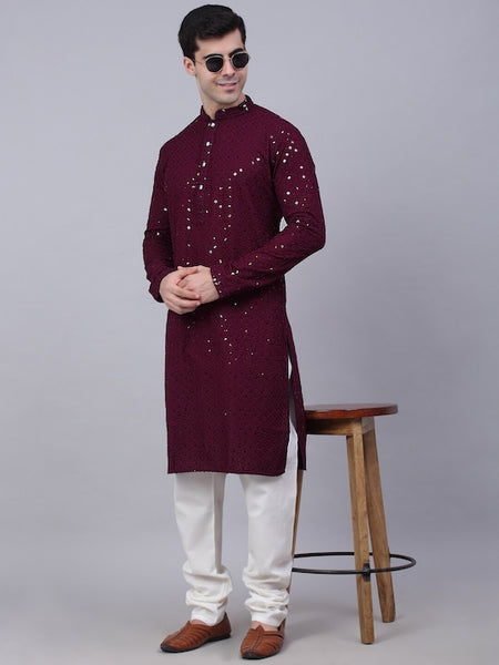 Men Wine Geometric Sequin Embroidered Kurta VitansEthnics