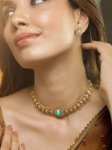 24K Gold Plated Handcrafted Mint Green Intricate Choker Jewellery Set For Women VitansEthnics