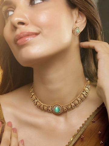 24K Gold Plated Handcrafted Mint Green Intricate Choker Jewellery Set For Women VitansEthnics