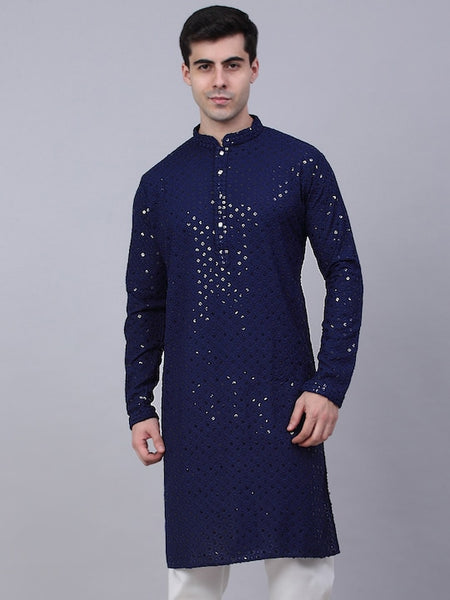 Men Dark Blue Geometric Sequin Embroidered Kurta VitansEthnics