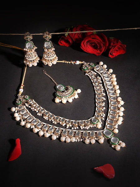 Gold Plated Kundan Studded & Pearls Beaded Jewellery Set VitansEthnics