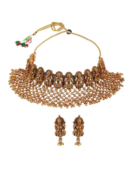 Gold-Plated Green & Red Stone Studded Goddess Jewellery Set VitansEthnics