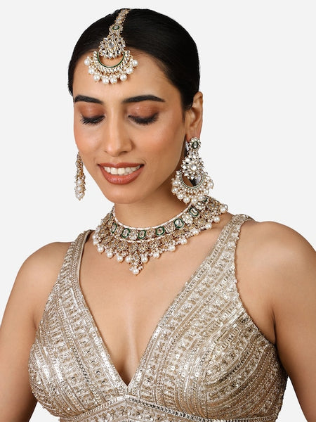 Gold Plated Kundan-Studded & Beaded Necklace And Earrings With Maang Tika VitansEthnics