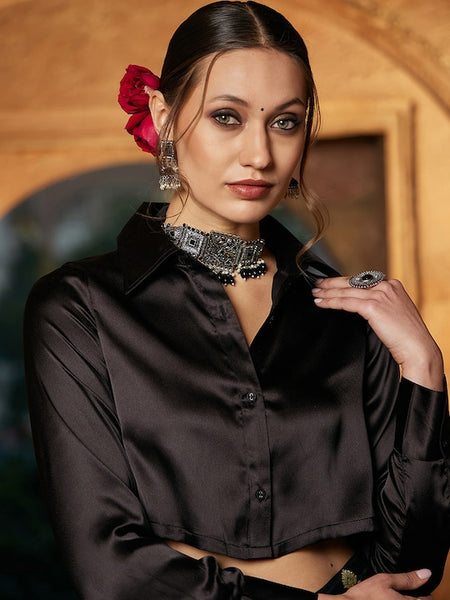 Satin Shirt With Self Design Brocade Palazzo For Women | Indo western Fusion Outfit VitansEthnics