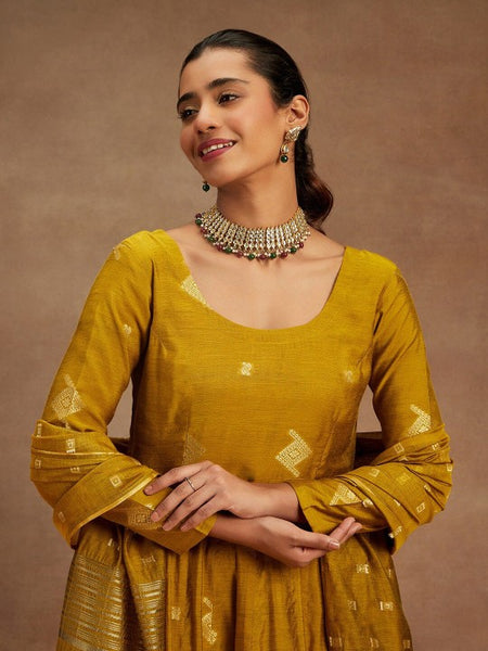 Mustard Yellow Woven Design Chanderi Silk Kurta with Palazzos & Dupatta