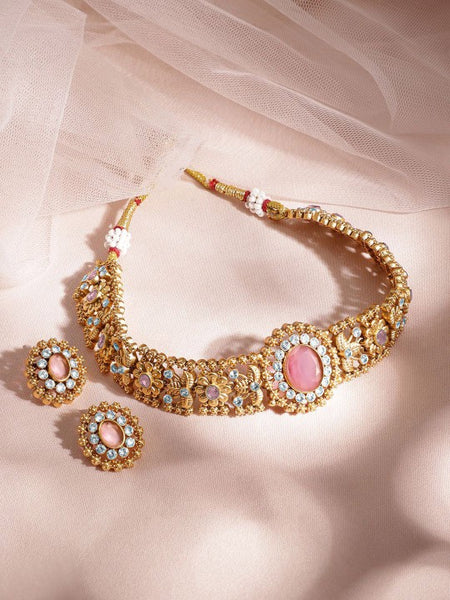 24K Gold Plated Handcrafted Pastel Pink Intricate Choker Jewellery Set For Women VitansEthnics