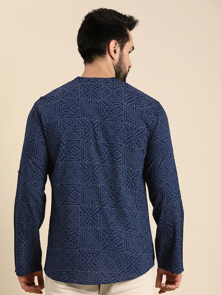 Men Geometric Printed Cotton Indigo Kurta VitansEthnics