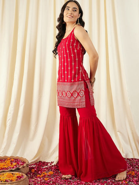 Red Kurti With Sharara Pants Set vitansethnics
