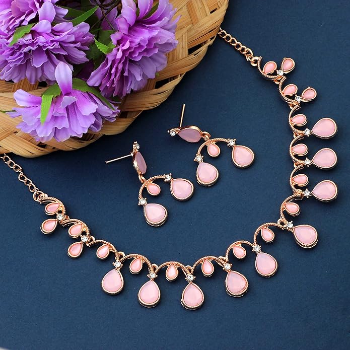 Rose Gold And Silver Plated Stone Necklace with Earrings for Women Jewelry Set for Party, Wedding Guest Statement Jewelry Set Statement Dainty Necklace Set VitansEthnics