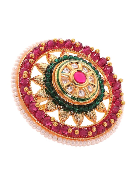 Gold-Plated Kundan-Studded & Pearls Beaded Adjustable Finger Ring VitansEthnics