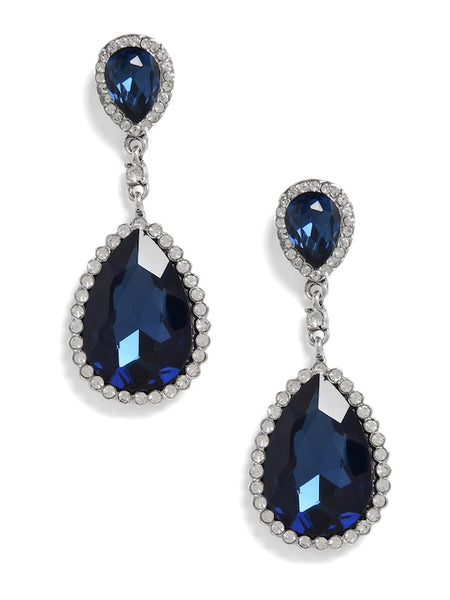 Navy Blue & White Silver-Plated Teardrop Shaped Drop Earrings VitansEthnics