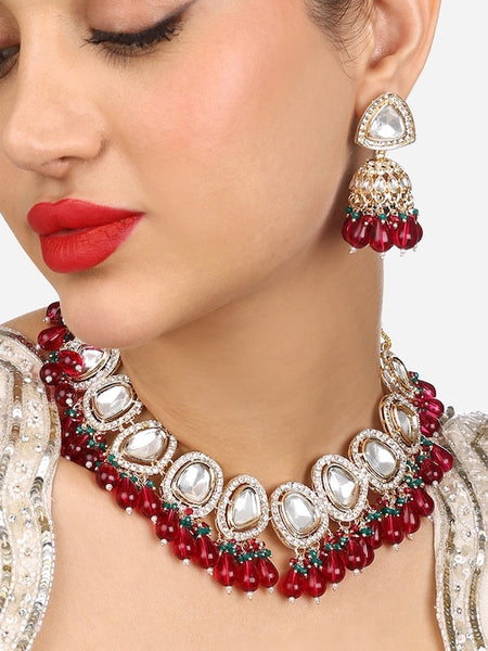 Gold-Plated Stone-Studded & Cluster Beaded Jewellery Set VitansEthnics