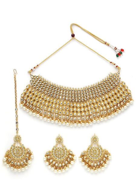Gold-Plated & White Kundan-Studded & Beaded Bridal Jewelry Set VitansEthnics