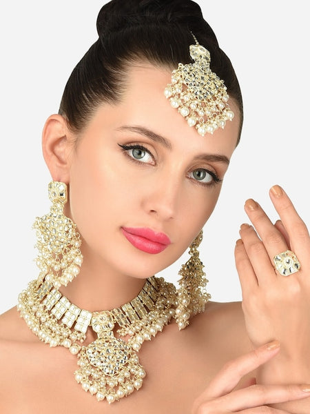 Women Gold Plated Kundan & Pearls Ethnic Choker Necklace Earring Maangtikka & Ring Set Jewellery Set VitansEthnics