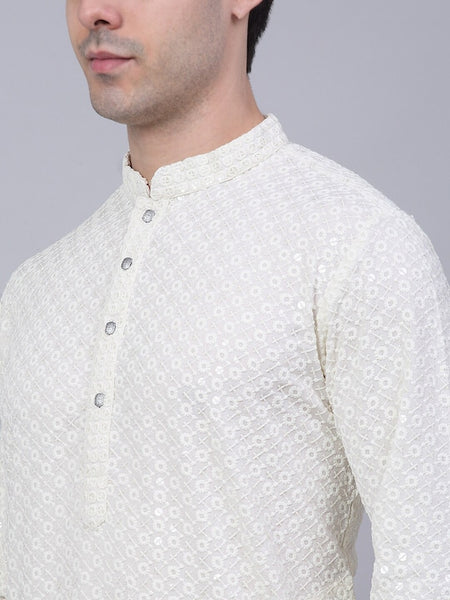 Men White Geometric Sequin Embroidered Kurta VitansEthnics