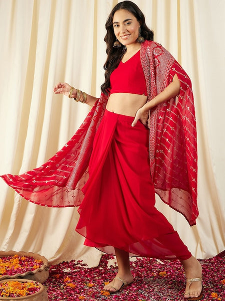 Women Crop Top With Draped Skirt And Shrug set VitansEthnics