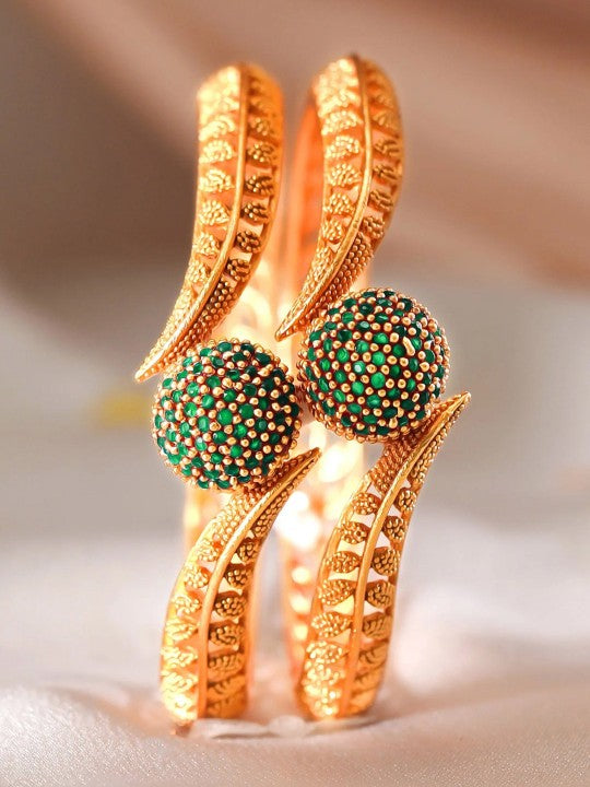 Set of 2 22K Gold-Plated Emerald Green Stone Studded Handcrafted Bangle VitansEthnics