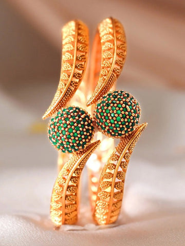 Set of 2 22K Gold-Plated Emerald Green Stone Studded Handcrafted Bangle VitansEthnics