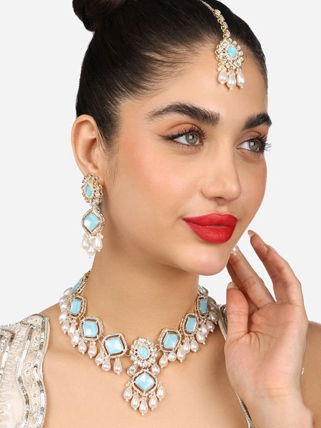 Gold Plated Austrian Diamonds Studded & Beaded Blue Jewellery Set VitansEthnics