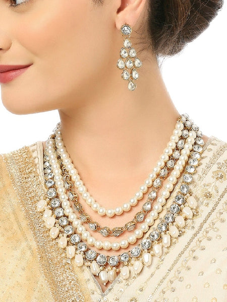 Gold-Plated White Kundan Studded Jewellery Set VitansEthnics